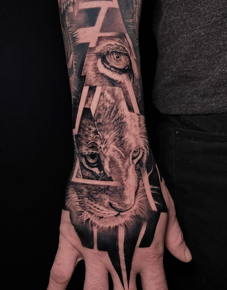 tattoos/ - Lion Collage Hand Tattoo - 143842